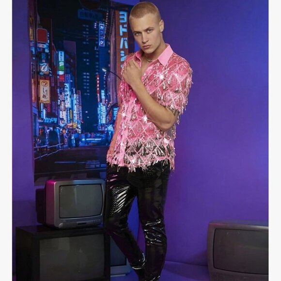 Pink Sequined Fringe Sheer Short Sleeve Party Festival Unisex Snap Shirt Size XL - Picture 7 of 11